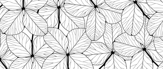 Black and white botanical background with clover leaves. Vector background for decor, wallpaper, covers, coloring pages.