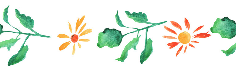 Watercolor botanic, Leaf and flower border. Seamless herbal composition for greeting card. Spring Border with leaves and flower isolated on white backgrond.