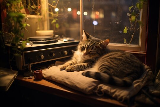 A sleepy tabby cat curls up in the corner of a cozy, book-lined study, the scene is illuminated by a soft, warm glow from string lights, lo-fi background