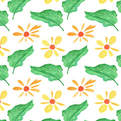Seamless pattern of elements with spring flowers and leaves. Hand drawn watercolor illustration isolated on white background