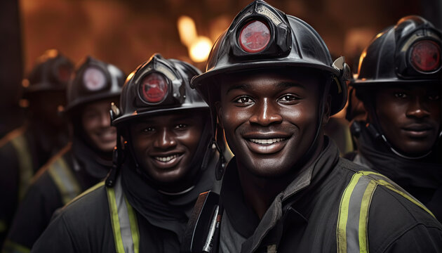 bomberos de raza negra haci&eacute;ndose un selfie en traje de trabajo sobre fondo de fuego desenfocado
