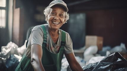 smiling old retired woman working as a garbage man,  - obrazy, fototapety, plakaty