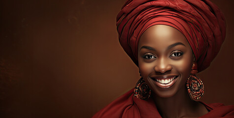 mujer negra afroamericana joven vestida con ropa tradicional africana y turbante sobre fondo marrón - obrazy, fototapety, plakaty