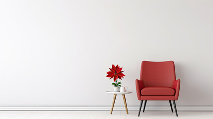 salón con decoración minimalista con butaca y mesa central sobre fondo blanco