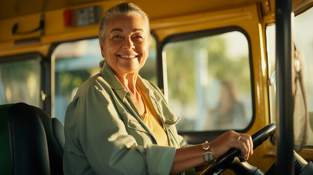 smiling old retired woman working as a school bus driver