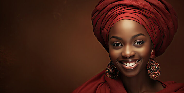 mujer negra afroamericana joven vestida con ropa tradicional africana y turbante sobre fondo marrón