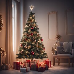 Fototapeta na wymiar Decorated Christmas tree on blurred background,