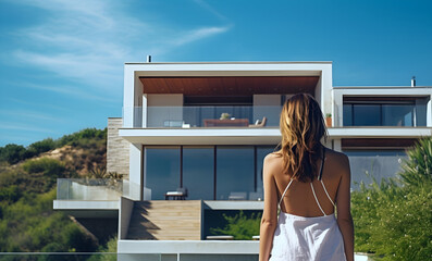back view of a young model woman in front of her new modern vacation villa, embodying the allure of real estate luxury and lifestyle aspirations