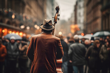  captivating behind view of a street musician, surrounded by a blurred crowd, capturing the spirit of urban music and the energy of the bustling city scene