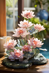 Lotus flower on the Table - Depict a serene pond with a stunning lotus flower - Ai
