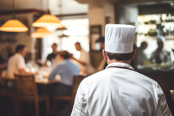 skilled chef in a bustling restaurant, culinary artistry in action, with diners enjoying their meals in the blurred backdrop. Perfect for food-related content, with ample copy text space