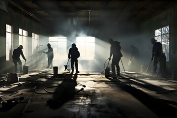 Silhouettes of construction workers in a dimly lit room, embodying the industrious spirit of teamwork and construction in shadows