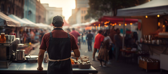  street vendor's back view, selling coffee and food at a lively festival. Captures the essence of outdoor commerce, perfect for your promotional content