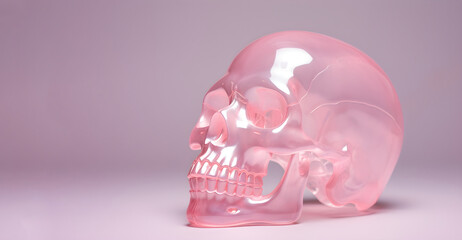 striking skull crafted from transparent resin, set against a pastel pink backdrop, creating a unique blend of edgy and delicate aesthetics