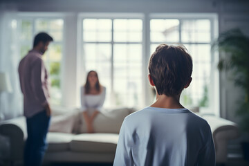 young boy observes his parents arguing in the background, portraying the impact of familial dynamics on a child's perception and emotions