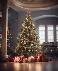 Fototapeta na wymiar Decorated Christmas tree on blurred background,