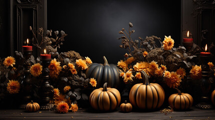 Naklejka na ściany i meble Empty black halloween table mockup with pumpkins - Mini Thanksgiving Pumpkins & Leaves On Rustic Wooden Table With Lights And Bokeh On Wood Background - halloween or thanks giving day - background -Ai