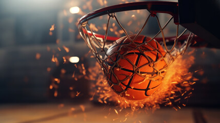 One basketball ball on the basketball court colorful fantasy sports illustration basketball fire basketball games - obrazy, fototapety, plakaty