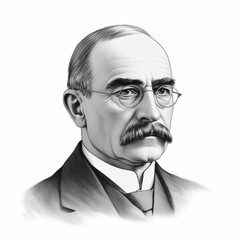 Black and white vintage engraving, headshot portrait of Joseph Rudyard Kipling the famous English novelist, white background, greyscale - Generative AI