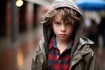 portrait of a boy in a raincoat and hat on the street
