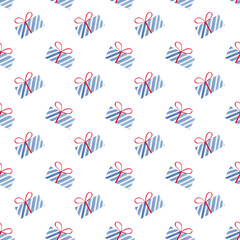 Simple hand drawn watercolor Christmas seamless pattern. A wrapped gift in a festive design with a bow, a box with a New Year's present
