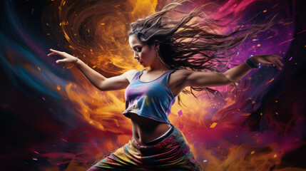Young woman dancing hip-hop in bright cloud colorful dust background. Colorful portrait of a young...