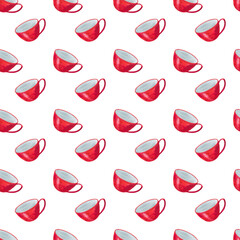 Simple hand drawn watercolor Christmas seamless pattern. red tea mug, ceramic New Year's cup