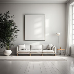 Blank white vertical set of square mock-up the house with white art on the wall behind, in right or left view 