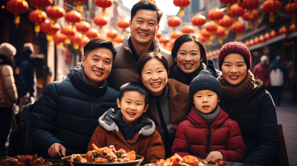 Chinese family celebrating the traditional activities of Spring Festival in a Plaza traditional...