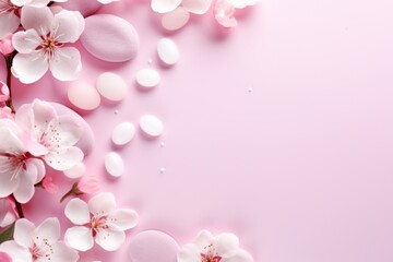 Fototapeta na wymiar White cherry blossom flowers and petals on pink background, flat lay, copy space