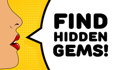 Find hidden gems sign. Flat, color, talking lips, find hidden gems. Vector icon