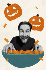Creative abstract template graphics collage image of funny guy giving halloween candies isolated...
