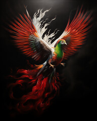 phoenix bird with with white red, black and green feather, palestinian flag,hyper realistic, dramatic light and shadows,