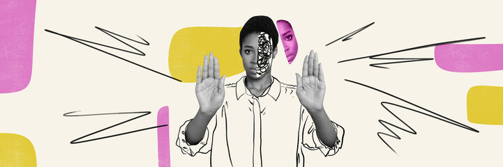 Photo collage artwork minimal picture of half face lady guy showing arms palms asking stop isolated...