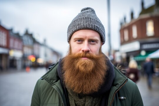 Portrait of a handsome bearded man with long red beard and mustache in the city