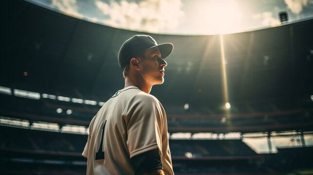 Baseball player on professional baseball stadium