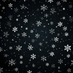 black background with white 3 dimentional tiny white snowflakes all over. AI generative