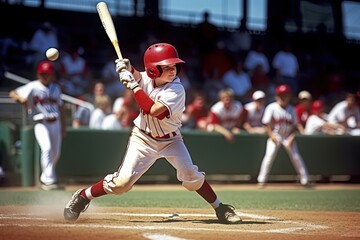 Boy in baseball gear, poised to hit ball with bat, with audience in background. Game day action. - Powered by Adobe