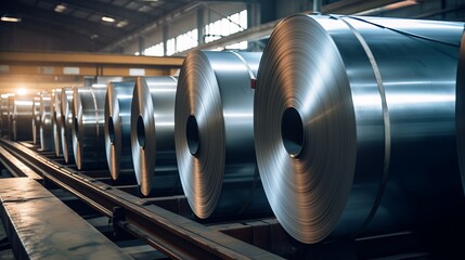 Rolls of galvanized steel sheet inside the factory or warehouse. - obrazy, fototapety, plakaty