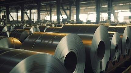 Rolls of galvanized steel sheet inside the factory or warehouse.