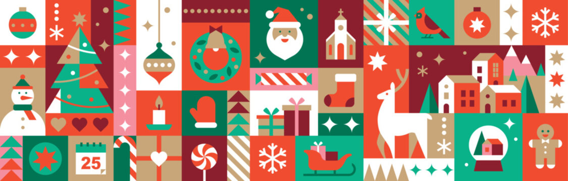 Merry Christmas and Happy New Year poster. Bauhaus design. Winter holidays. Abstract modern geometric background. Seamless pattern. Set of icons in flat minimalist style. Vector illustration.