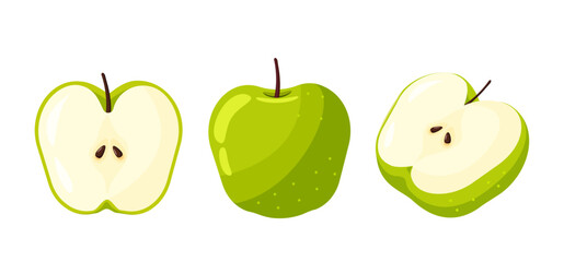 Green apple set isolated on white background vector graphics