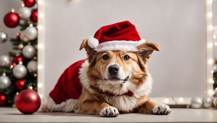 Cute dog wearing Santa Claus red hat near the Christmas tree. Merry Christmas and Happy New Year decoration - balls, toys and gifts around. X-mas postcard