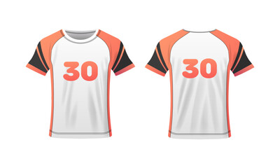 T-shirt layout. Flat, color, t-shirt mockup, sports t-shirt mockup with number 30. Vector icons