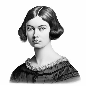 Black and white vintage engraving, headshot portrait of Emily Dickinson the American poet, white background, greyscale - Generative AI