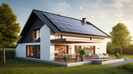 Fototapeta na wymiar New suburban house with a photovoltaic system.
