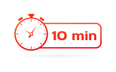 10 min stopwatch sign. Flat, red, timer icon, 10 min sign. Vector icon
