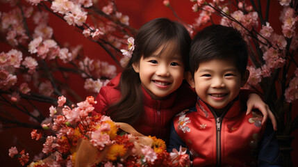 happy smiling Chinese boy and girl wearing red traditional clothing for Chinese new year