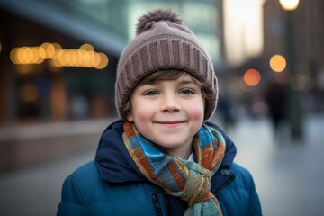 Portrait of a cute little boy in a hat and scarf on the street.