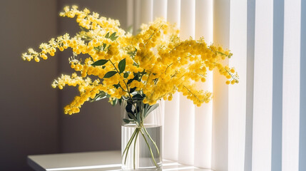 bright yellow mimosa flowers in a glass vase on the table